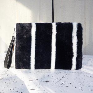 Women's Black and White Striped Fur Zipped Pouch